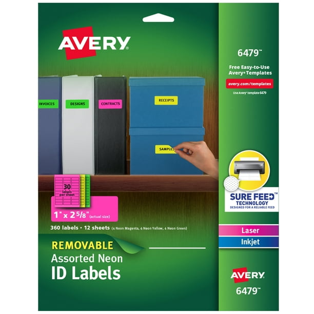 Avery Multipurpose Labels, Removable, Assorted Neon, 1 x 2.625 Inches, Pack  of 360 (6479)