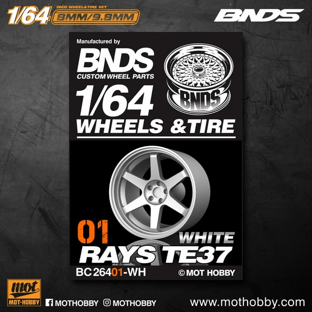 BNDS 1/64 ABS Wheels Rubber Tires by WHITE Assembly Rims Modified Parts JDM VIP Style for Model Car Vehicle 4pcs Set BC26401WH