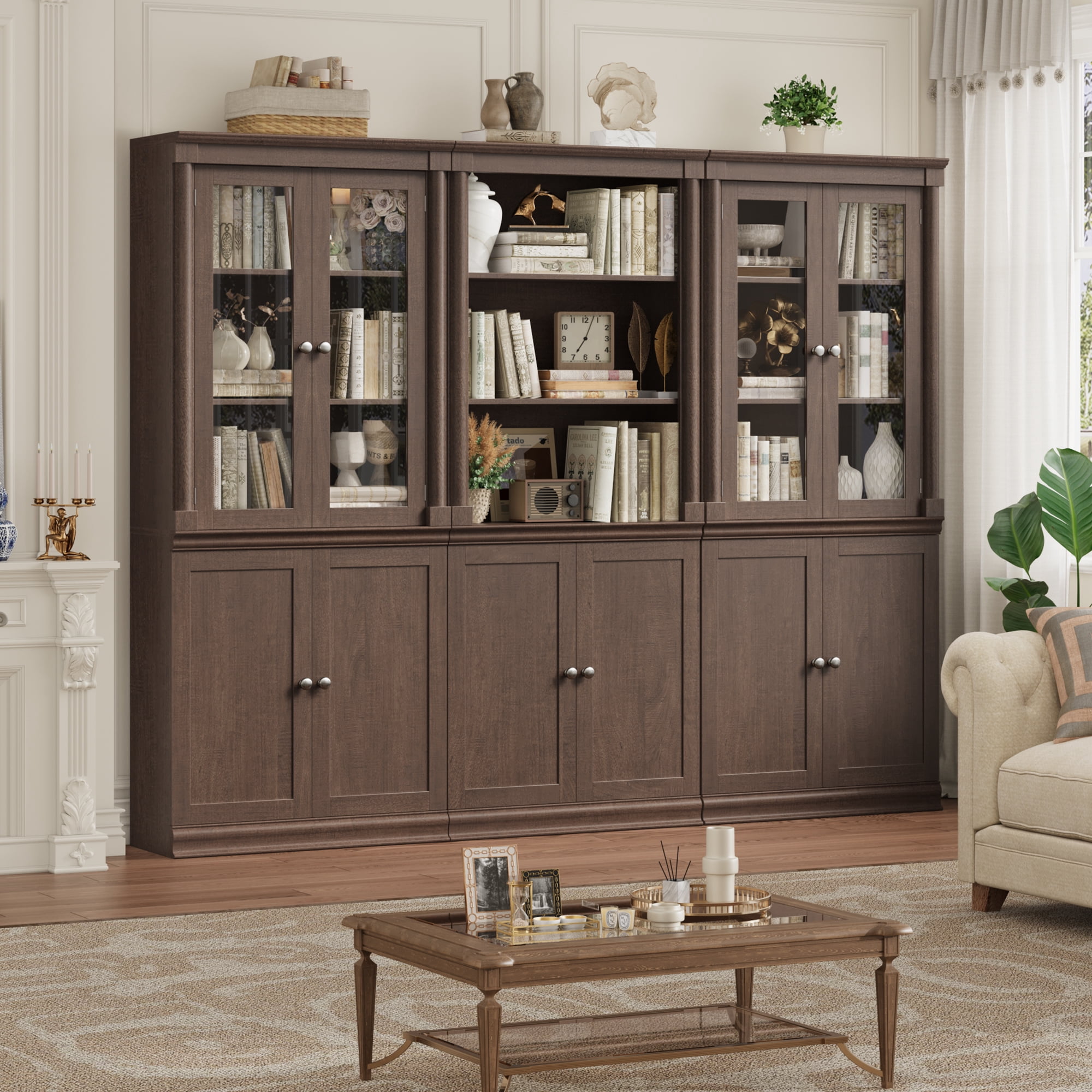 Homfa 71"H Bookcase with Doors, 5 Tier Storage Bookshelf with Adjustable Shelf for Study Home Office, Reddish-Brown