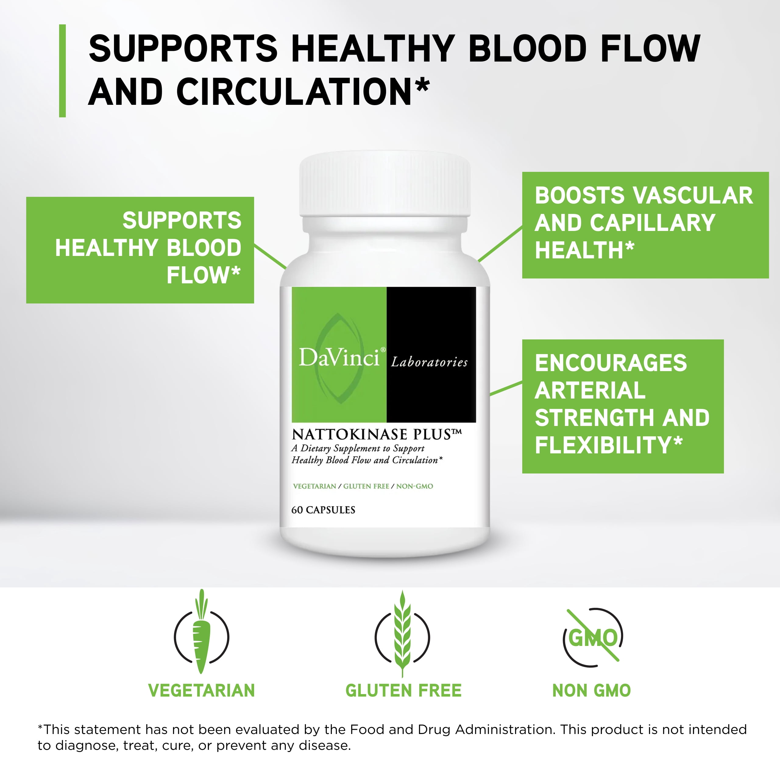 DaVinci Labs Nattokinase Plus - High-Potency Nattokinase Supplement for Comprehensive Blood Flow Support for Men & Women - Formulated with Antioxidant Support* - 60 Vegetarian Capsules