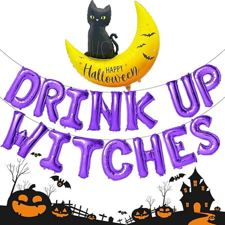 WEEKS DRINK UP WITCHES Halloween Letter Balloon16 Inches Purple Foil Banner Party Decoration Purple Spooky Balloons 3D Aluminum Back Cat Balloons for Horror Halloween Night Party Supplies