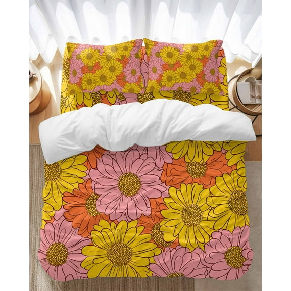 Chrysanthemum Bedding Duvet Cover Set Queen Size 4 Pieces Yellow Pink Orange Flowers Hand Drawn Lines Bedding Set with Zipper Closure, 1 Comforter Cover 90x92 Inches 1 Flat Sheet & 2 Pillow Cases