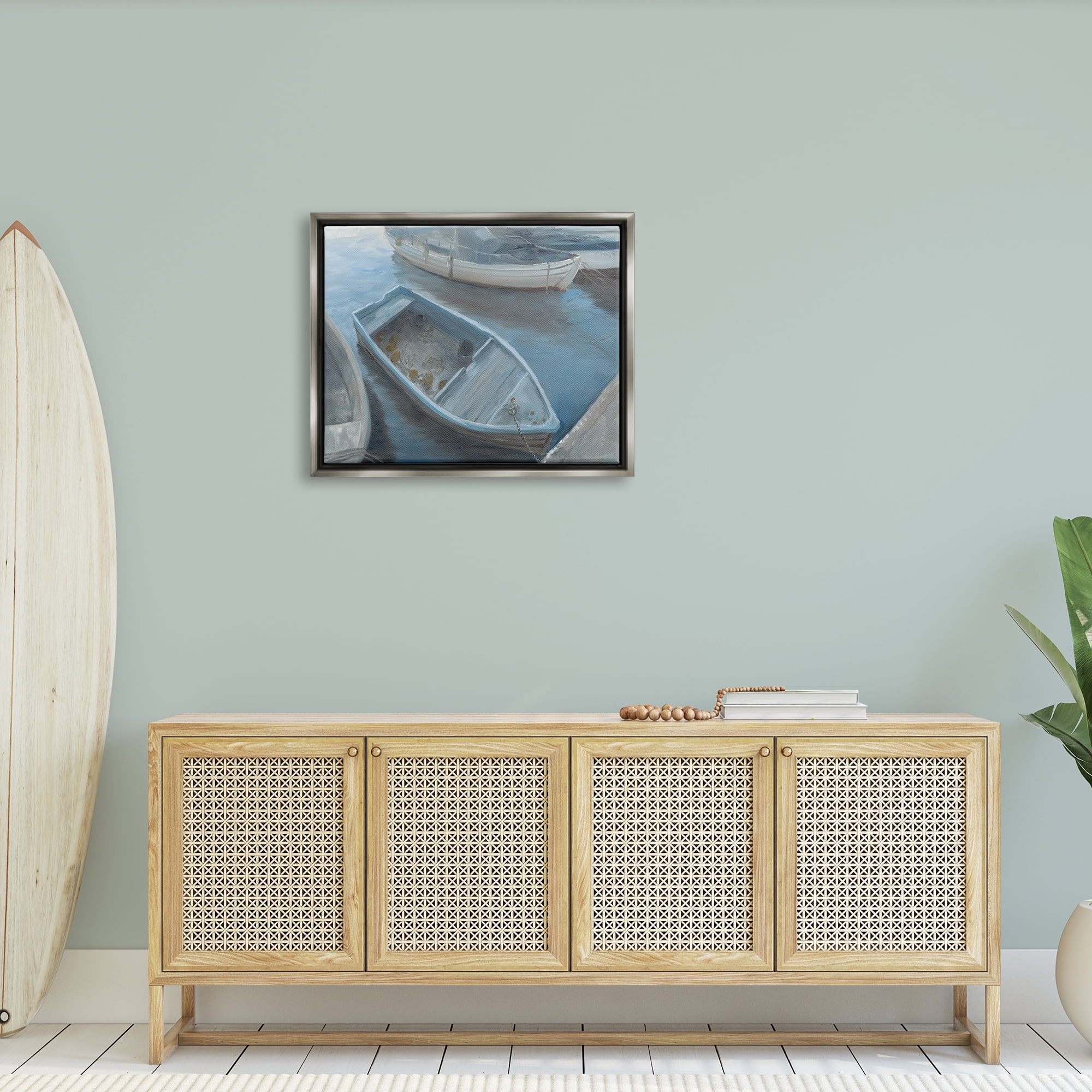Stupell Docked Dinghy Boat Coastal Pier Landscape Painting Gray Floater Framed Art Print Wall Art