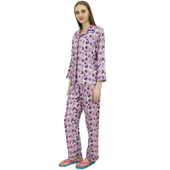 Bimba Purple Button-Down Shirt With Elastic Waist Pajama Pant Night Wear Set-4
