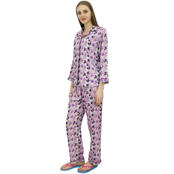 Bimba Purple Button-Down Shirt With Elastic Waist Pajama Pant Night Wear Set-4