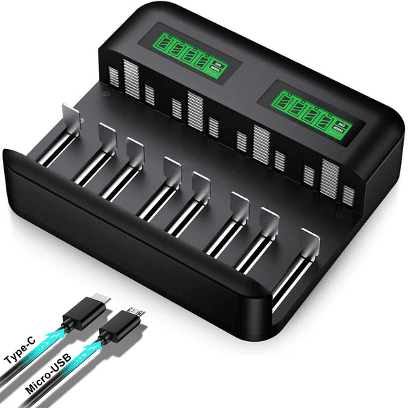LCD Universal Battery Charger - 8 Bay AA /AAA /C /D Battery Charger for Rechargeable Batteries with 2A USB Port, Type C Input, Fast AA /AAA Battery Charger