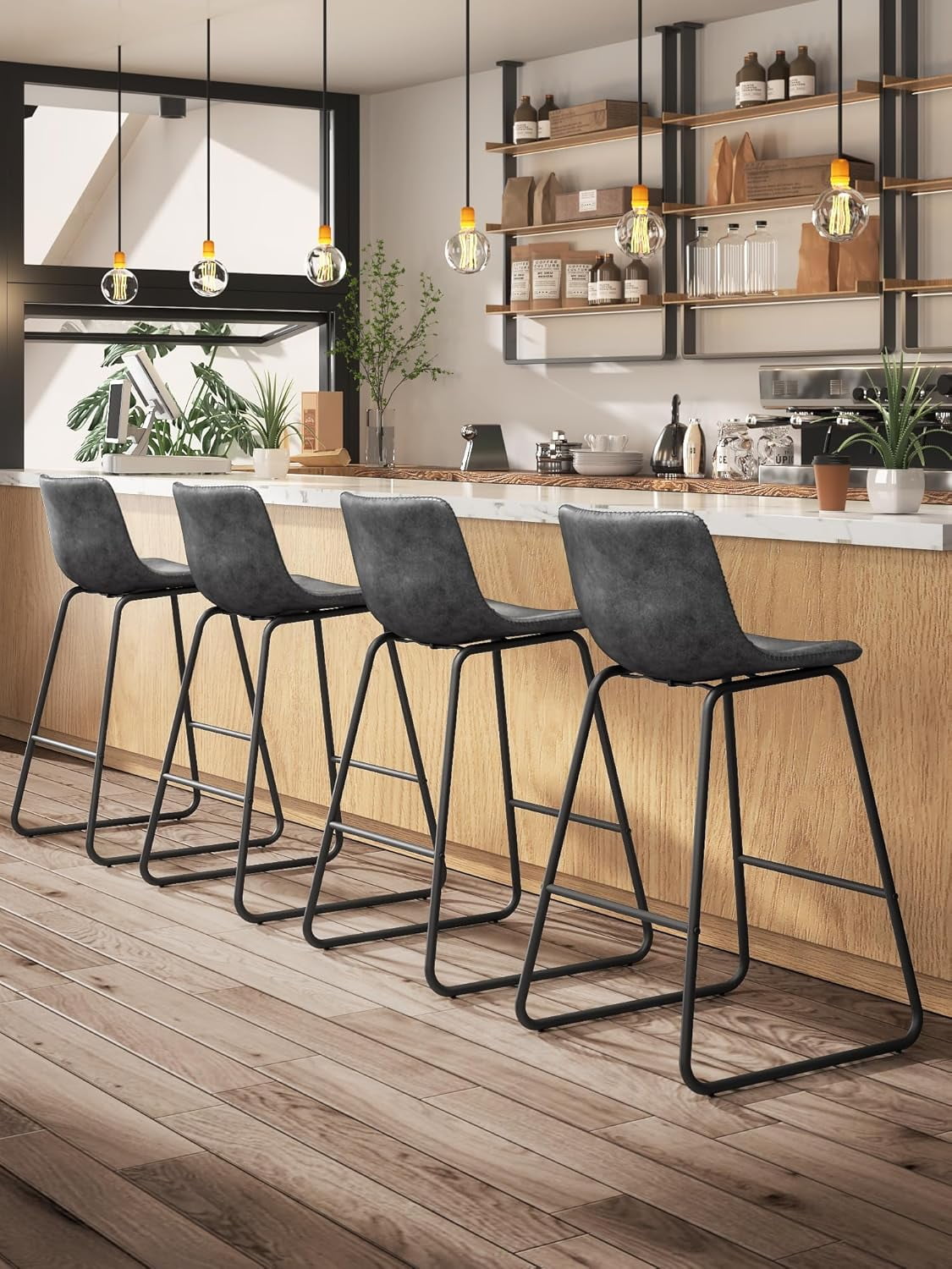 LainTene 26" Bar Stools Set of 2 – Faux Leather Counter Height Stools with Backrest & Footrest, Heavy-Duty Metal Frame for Kitchen, Bar, Living Room, Gray