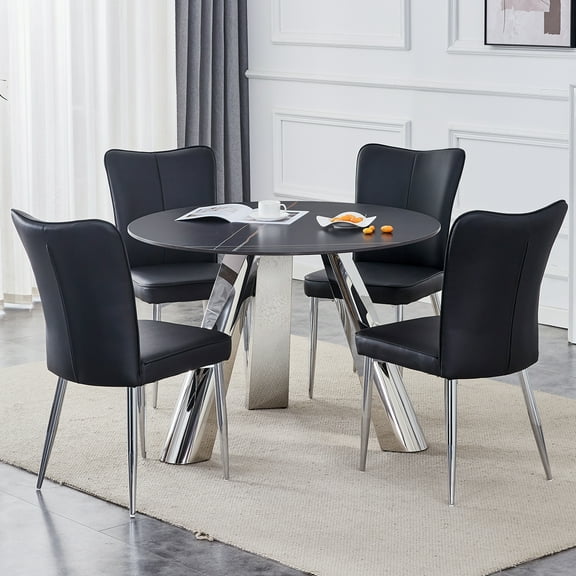 42-inch Sintered Stone Dining Table and Chair Set   Mirror-polished Stainless Steel Base  4 Black PU Chairs  Modern Luxury Round Dining Table Series