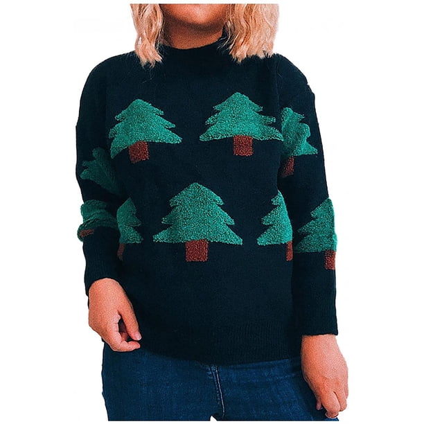 Otoño Invierno Mujer Navidad Impresión Empalme Cuello redondo Manga larga Línea Suéter Tops Blusa Fridja hjk1116