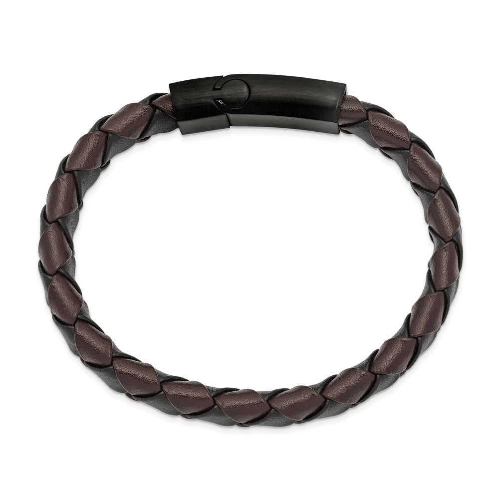Diamond2Deal Stainless Steel Brushed Black IP-Plated Black and Brown Leather Bracelet for Men 8.25"