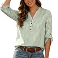 thumbnail image 2 of Uootdi Women's Striped Tops 3/4 Sleeve Henley Neck Roll Tab Blouses Western Casual Style Lightweight Breathable Relaxed Fit Shirts Gift, 2 of 8