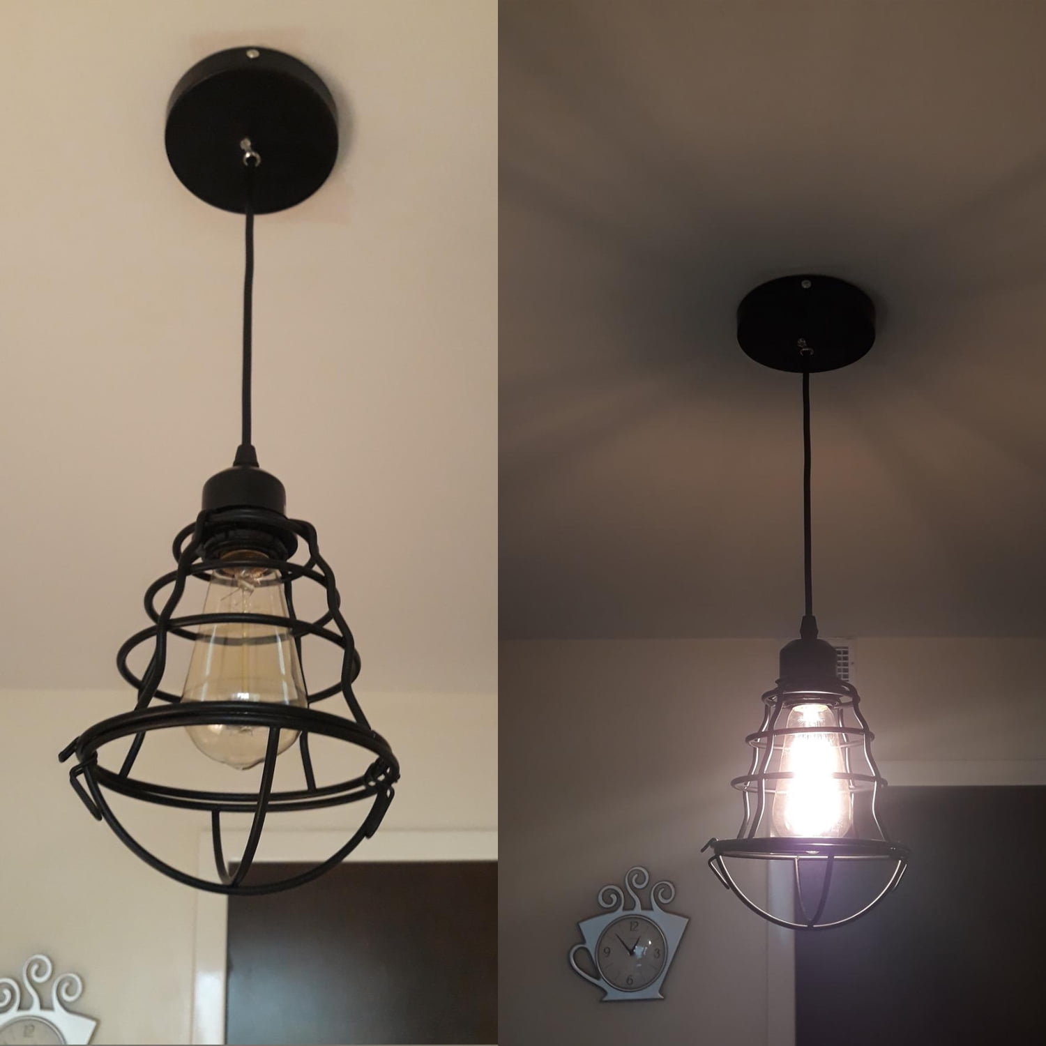 Industrial Pendant Light Adjustable Flush Mount Ceiling Lighting for Kitchen Island Living Room Bedroom Hallway Vintage Hanging Pendant Lights Fixture with Metal Cage Shade, Black