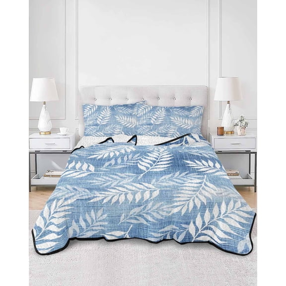 Quilts Twin XL Size, Grayish Blue Leaves Soft Comforter Bedding Set for Bed, Summer Botanical Modern Zen Vintage Lightweight Quilted Bedspread with Pillow Cover(2 Pieces) for All Season, 68x98 Inch