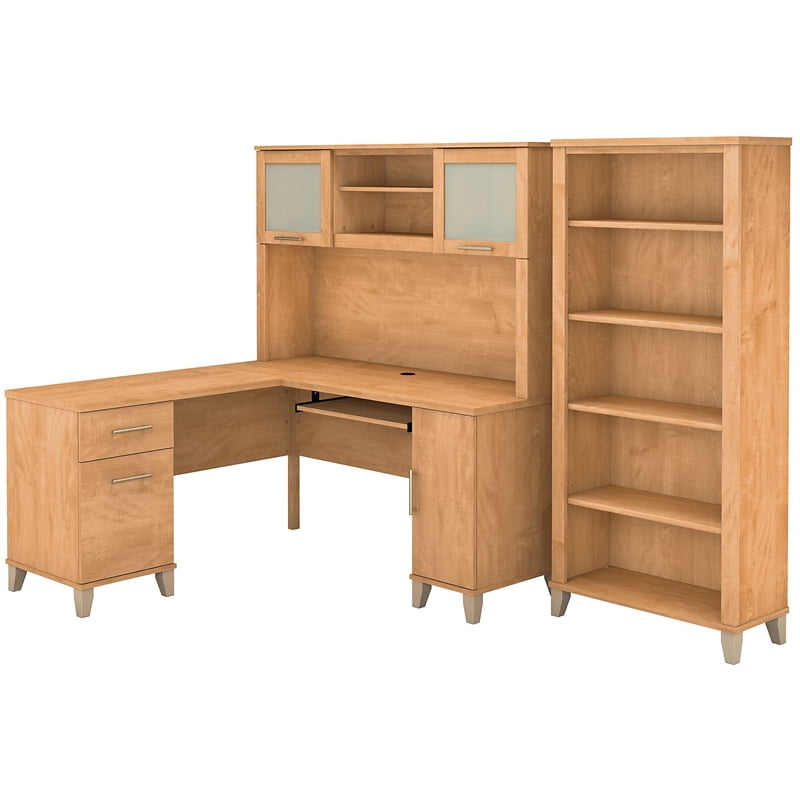 Somerset 60W L Shaped Desk with Hutch and Bookcase in Maple Cross