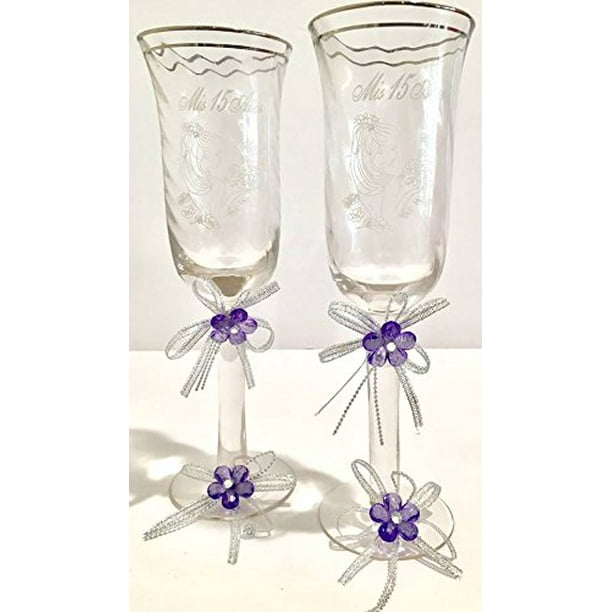 Mis Quince Anos Toasting Glass Cups Lavender Acrylic Flower Quinceanera
