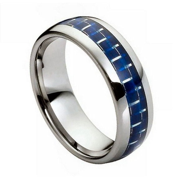 Custom Personalized Engraving Wedding Band Ring Set for Him & Her - 8mm High Polished with Blue Carbon Fiber Inlay