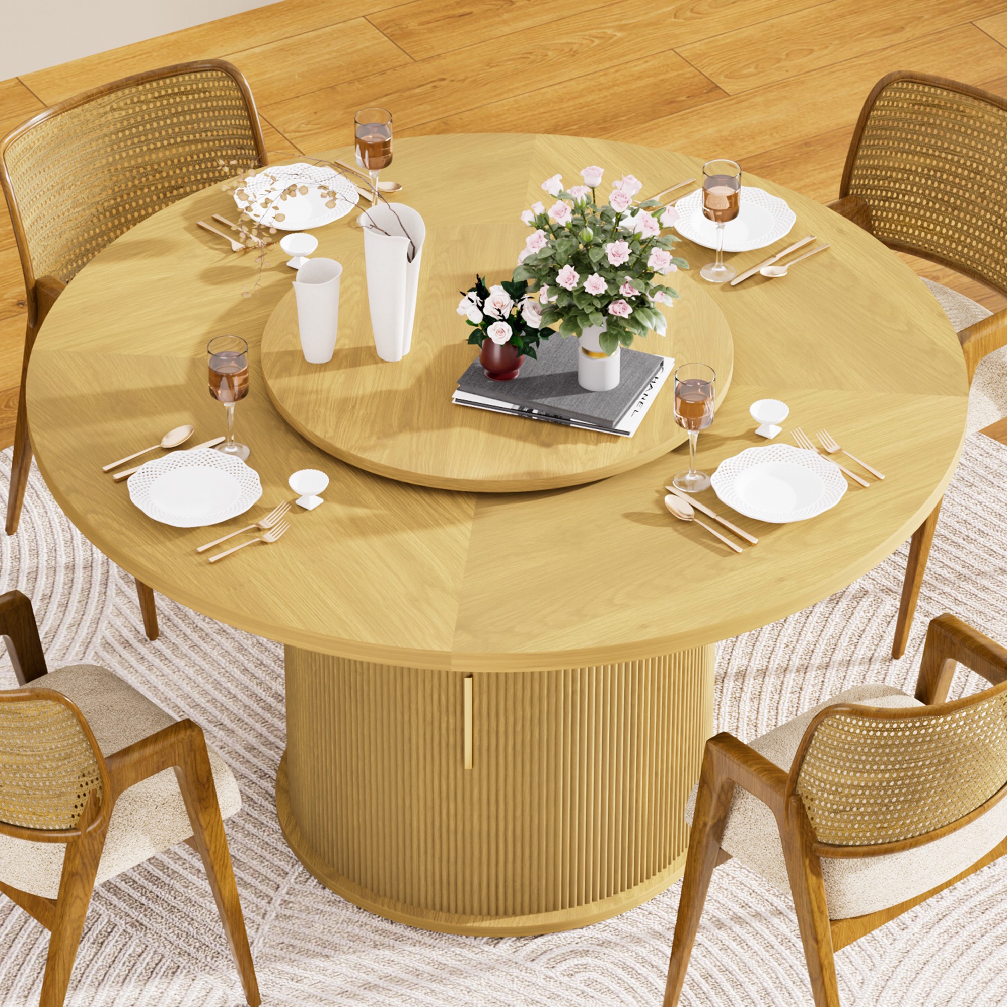 PORKISS Modern Round Dining Table, 55 Inch Circle Kitchen Tables for 6 with Double-tiered Storage Rack and Rotating Tabletop Tray, Wood Strip Base, Farmhouse Table for Kitchen, Dining Room, Natural