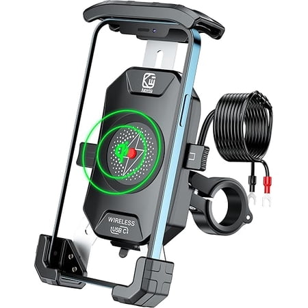 0829 Motorcycle Phone Mount with Qi 15W Wireless Charger and USB C 20W Fast Charging Port, One Hand Operation Motorcycle Cellphone Holder with Aluminum Alloy Handlebar Base for 4''-7'' Phones