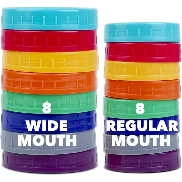 16 Pack Colored Plastic Mason Jar Lids for Ball, Kerr - Durable Food-Grade Storage Caps
