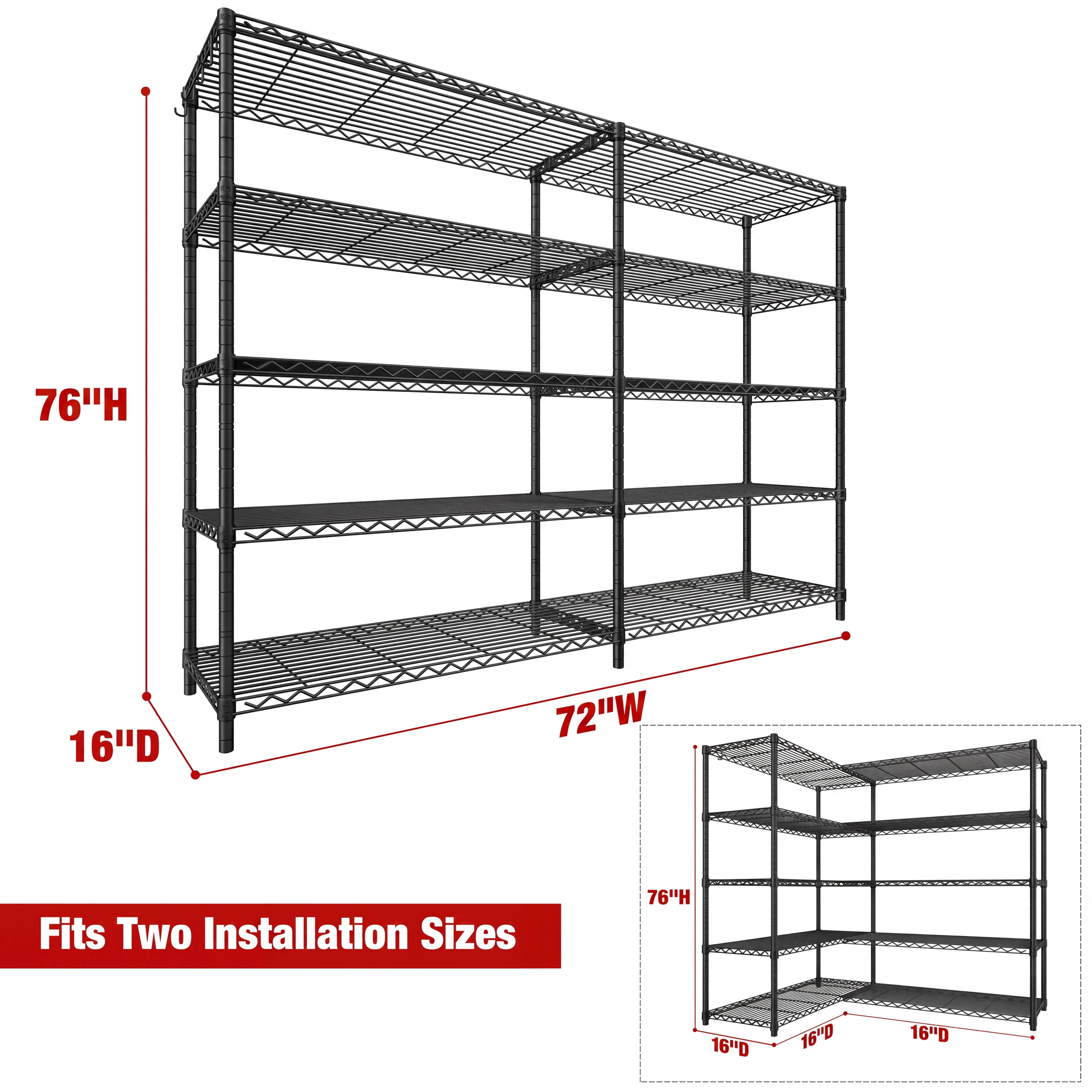 Prilinex 72"W Storage Shelves Load 1750LBS Wire Shelving Unit 5 Tier Garage Shelving Adjustable Metal Shelves Heavy Duty Organizer Rack for Pantry Kitchen, 72"W x 16"D x 76"H