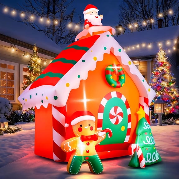 Christmas Inflatable Gingerbread House Blow‑Up Decoration with Built‑in LED Lights for Xmas Party Holiday Outdoor Garden Lawn Yard