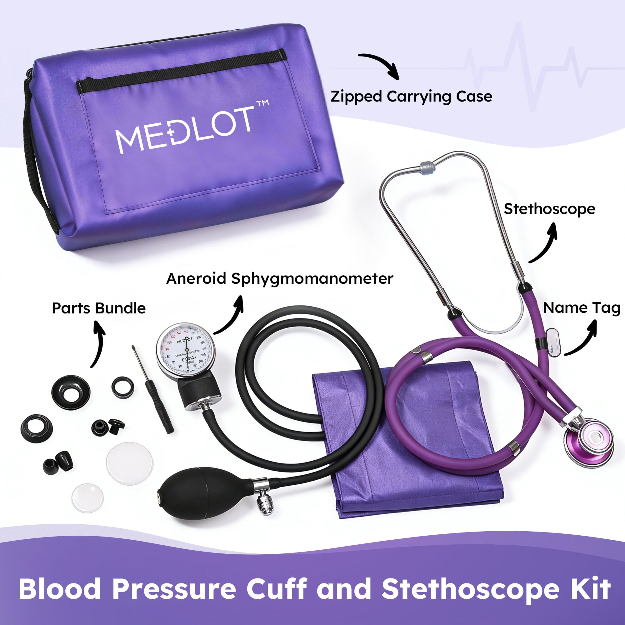 LotFancy Manual Blood Pressure Cuff, Aneroid Sphygmomanometer and Dual Head Stethoscope Kit,Purple