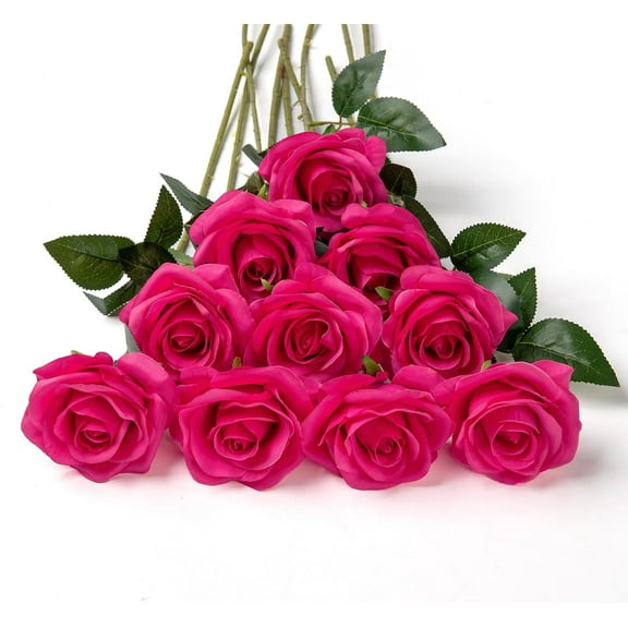 10pcs Silk Roses Artificial Flowers Fake Rose for Arrangement Wedding Party Home Decoration (Fuchsia)