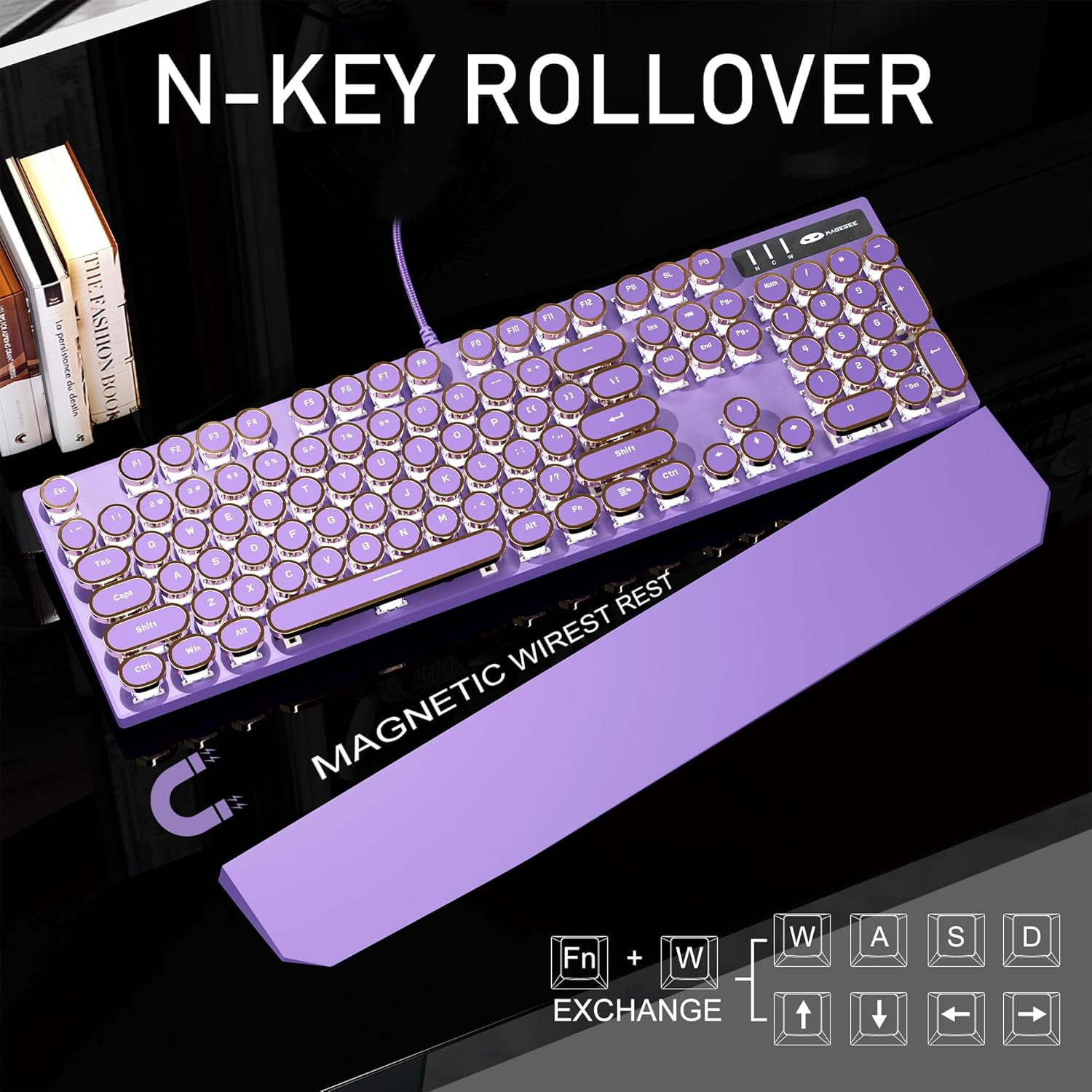 Typewriter Mechanical Gaming Keyboard, Retro Punk Purple Round Keycaps, 104 Keys LED White Backlit Wired Keyboards for Laptop MAC PC Gamer, with Magnetic Wrist Rest, Blue Switch