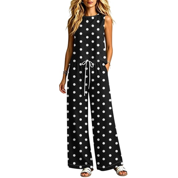 SELONE Women Sets 2 Piece Outfits Matching Sets Sleeveless Tops Drawstring Pants Polka Dot Fall Lounge Set with Pockets
