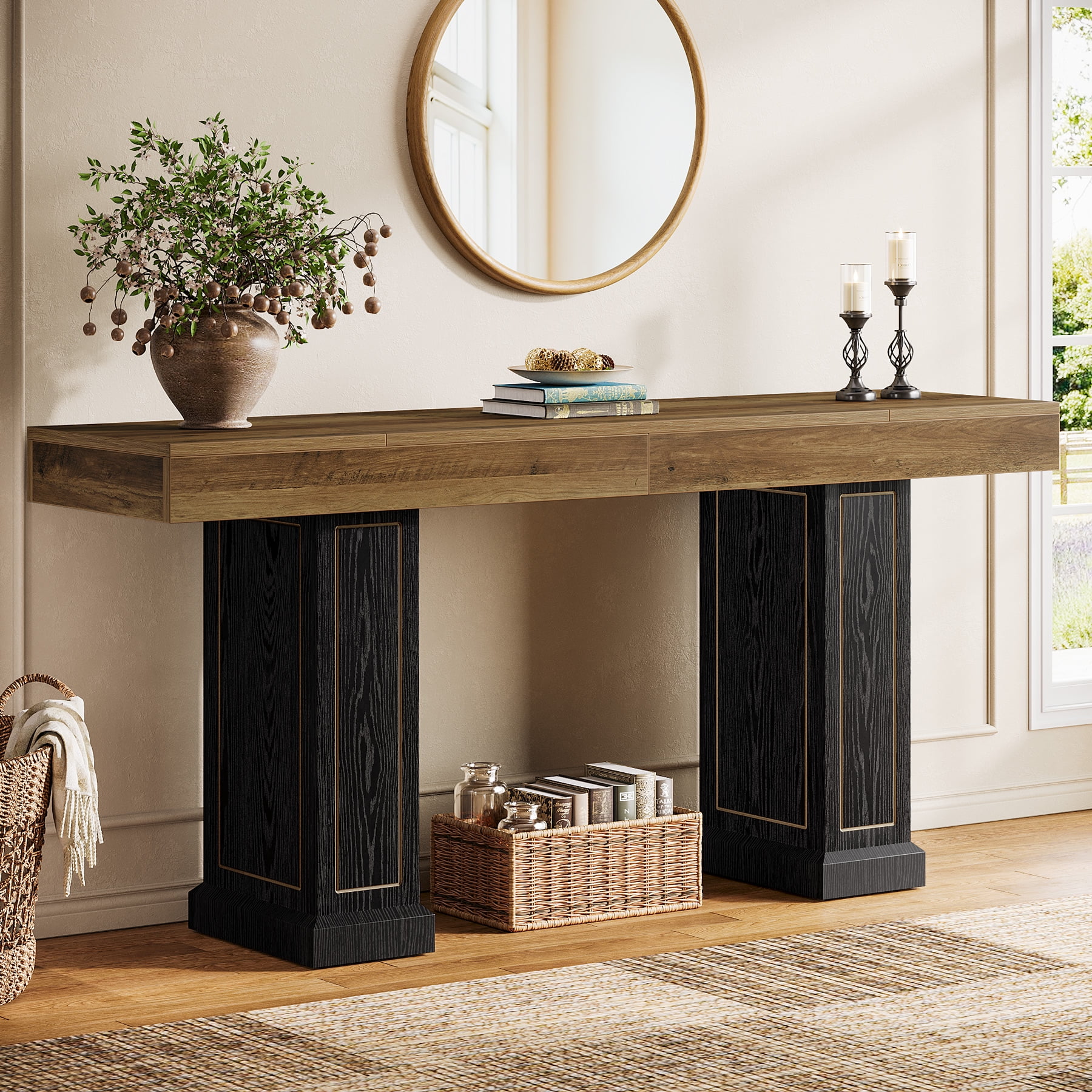 70.9-Inch Long Entryway & Sofa Console Table – Narrow Rustic Hallway Table with Gold Accents, Slim 37.4" Tall Table for Living Room