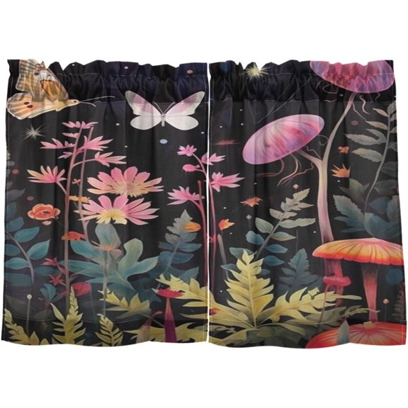 FREEAMG 36 Inch Length Kitchen Curtains Butterflies Mushrooms 2 Panels Half Window Sheer Curtains Rod Pocket Farmhouse Short Drapes for Bathroom Cafe Basement