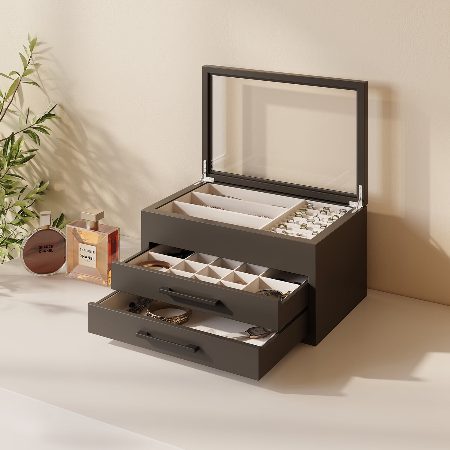 Modern Elegant Jewelry Box with 2 Drawers, Large Storage Compartments, Transparent Glass Lid, and Soft Linen for Rings, Necklaces and Earrings