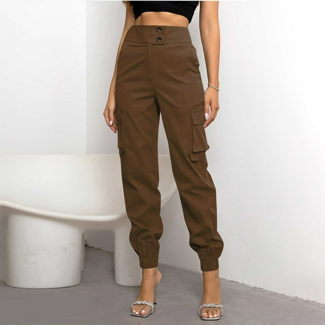 LOVZFMLL Women's Pants, Fashion Solid Color Button & Zipper Pocket Trousers Brown, S