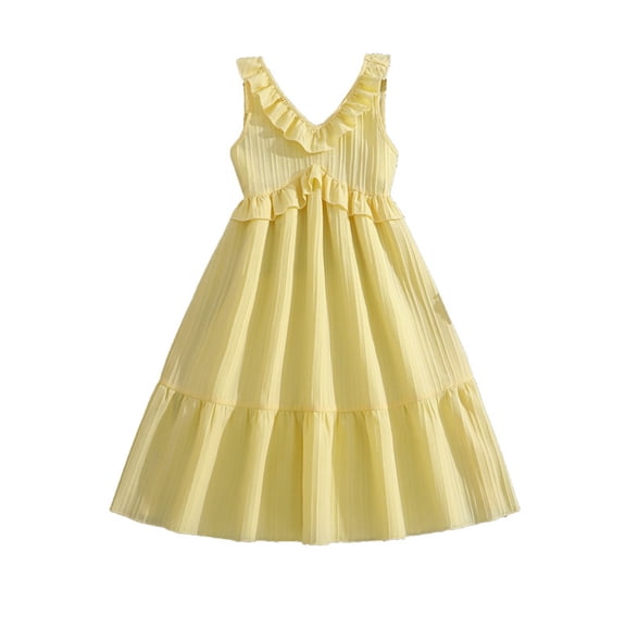 RMGVDSD Girls Summer Dresses Ruffle V-Neck Sleeveless Waist Casual Sundress Solid Color Fashion Boho Beach Party Sundress Girls Dress 7-8 Years