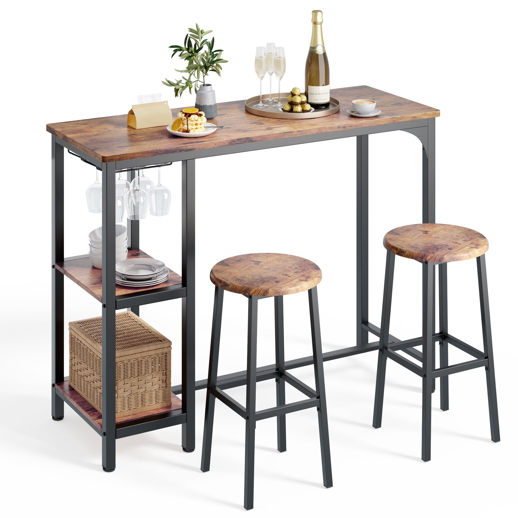 Asofer 3pcs Bar Table and Chairs Set, Kitchen Dining Table Set for 2, Industrial Bistro Set For Small Spaces, Apartment,Retro