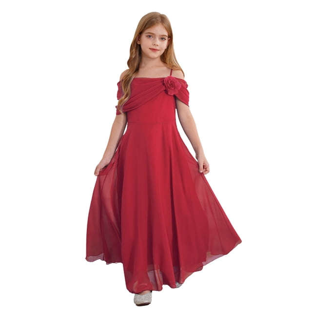 inhzoy Girls 3D Flower Applique Formal Dress Off Shoulder Ruched A-Line Chiffon Junior Bridesmaid Dress Burgundy 12