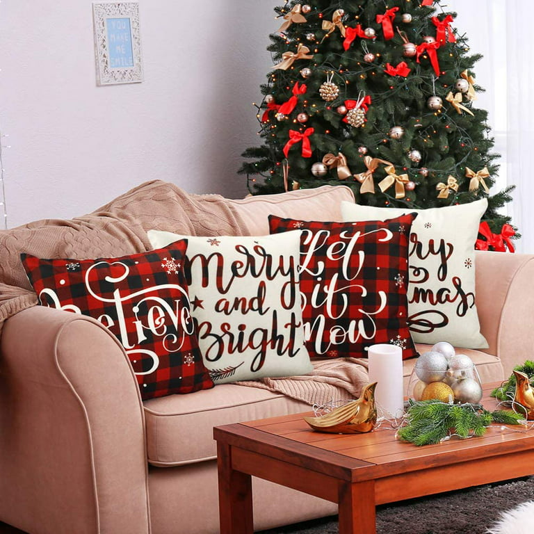Set of 2 Christmas Throw Pillows Black Red Buffalo Plaid Reindeer 18”x 18”  READY