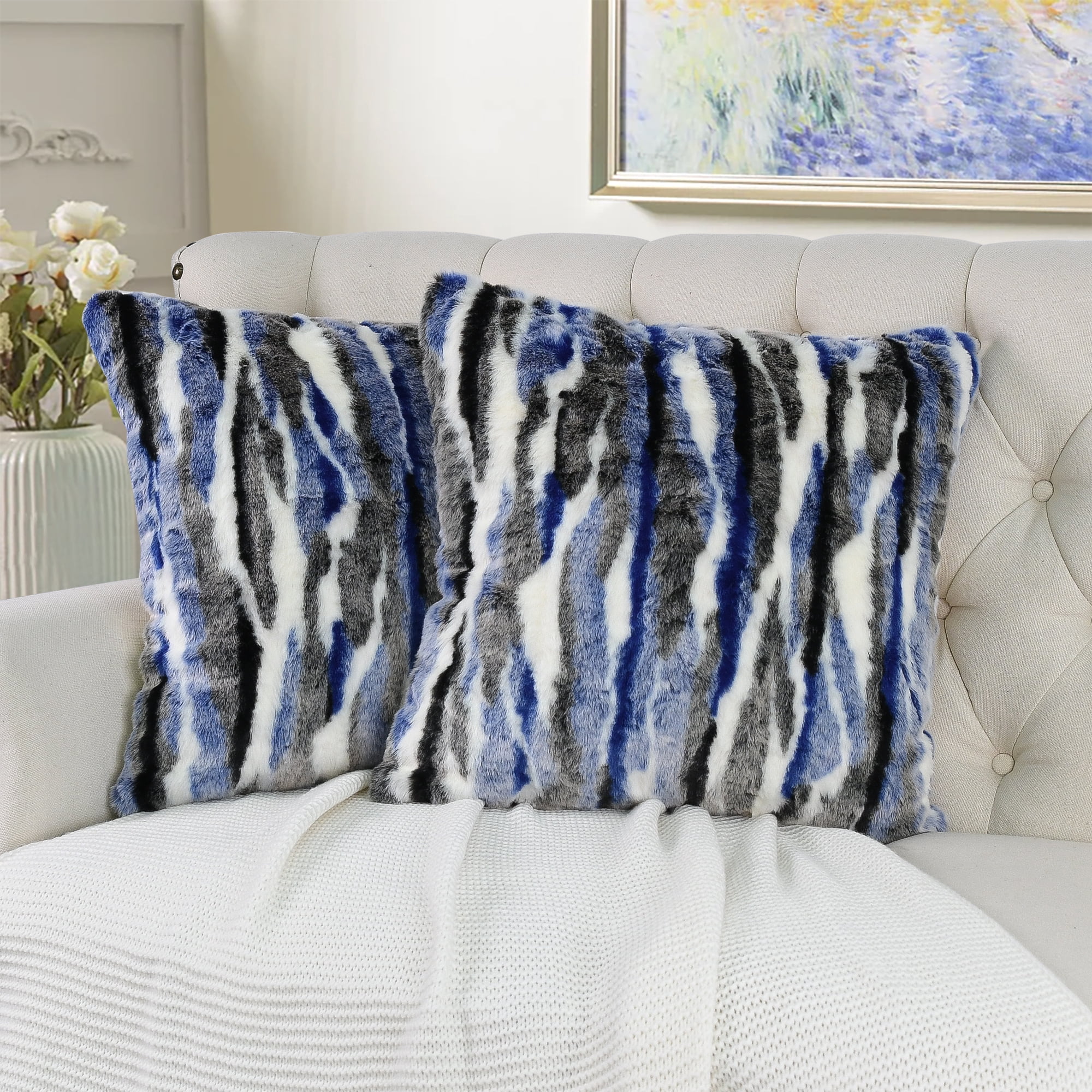 Home Soft Things Multi Jacquard Faux Fur Throw Pillow Cover 2pcs Set - Blue