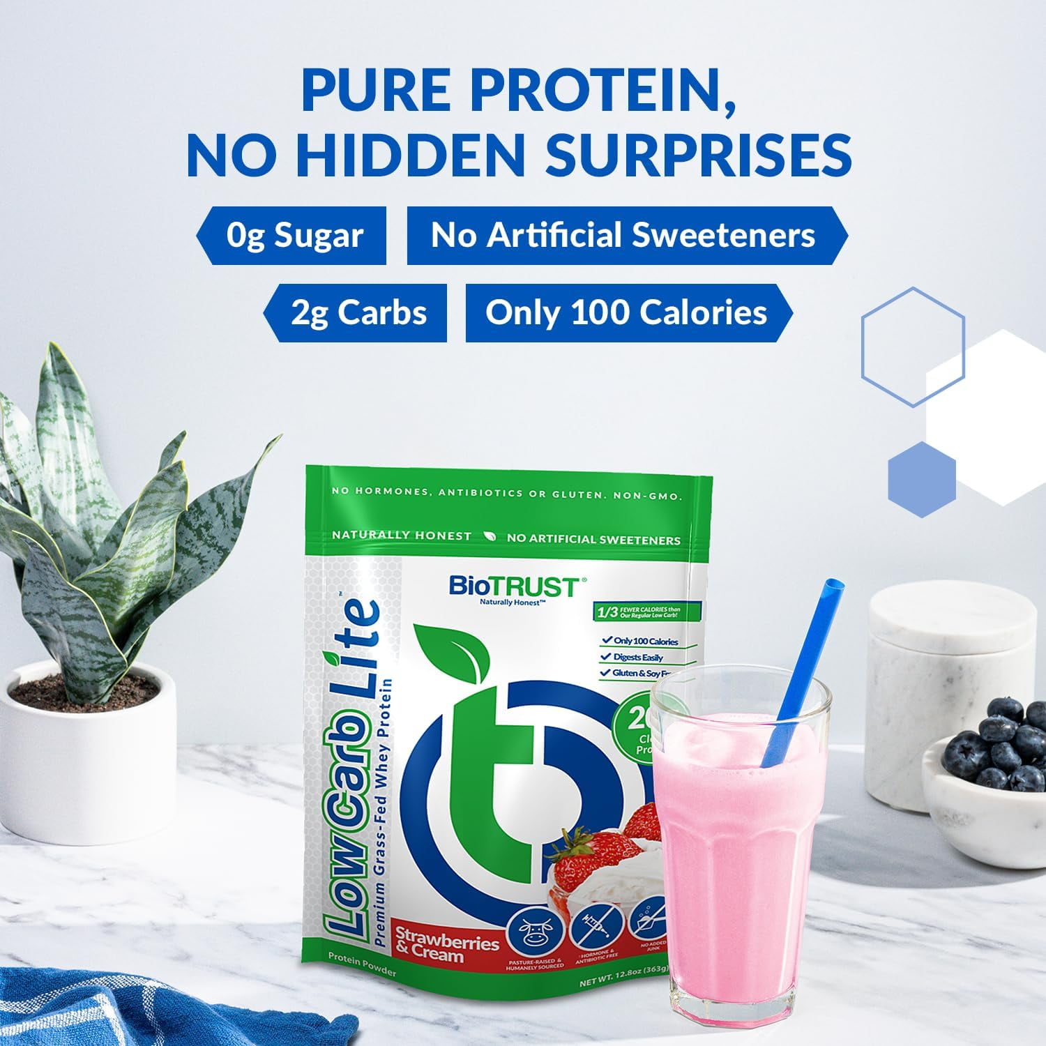 BioTrust Low Carb Lite, 20 Grams of Grass-Fed Whey Protein Isolate, 100 Calories, ProHydrolase Digestive Enzymes, Non-GMO, Free from Soy and Gluten, rBGH-Free (14 Servings) (Strawberries and Cream)