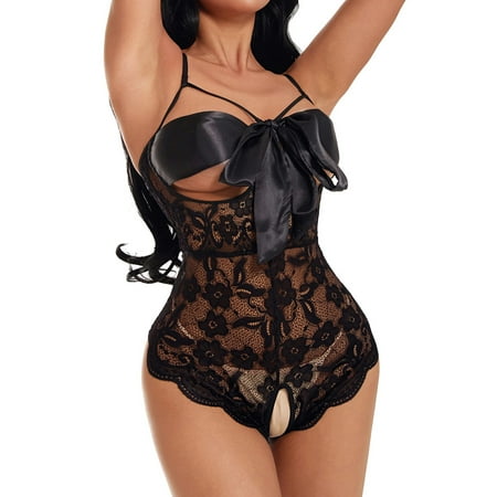 MNCEKFOD Womens Sexy Lingerie Fascinating Roleplay Plaid Lace Backless Lanyard Underwear Conjoined Crotchless Bodysuits Nightwear Black M