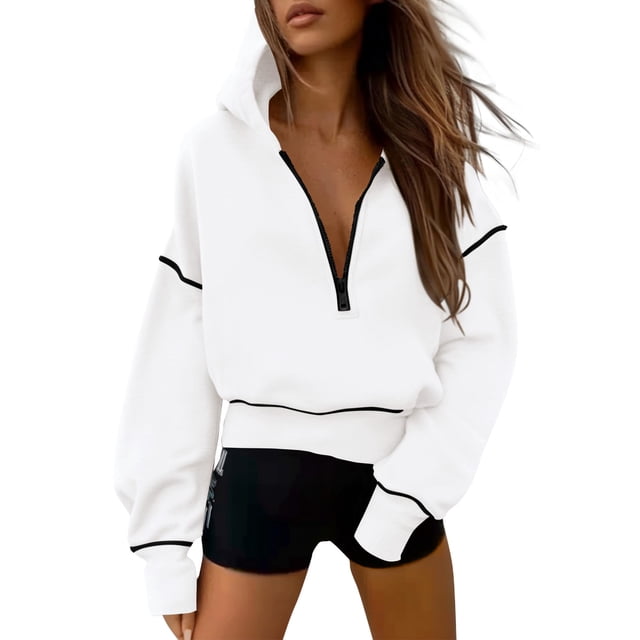 Sudadera PRETTYGARDEN 2025 Otoño Cropped Half Zip Hoodie M Blanca