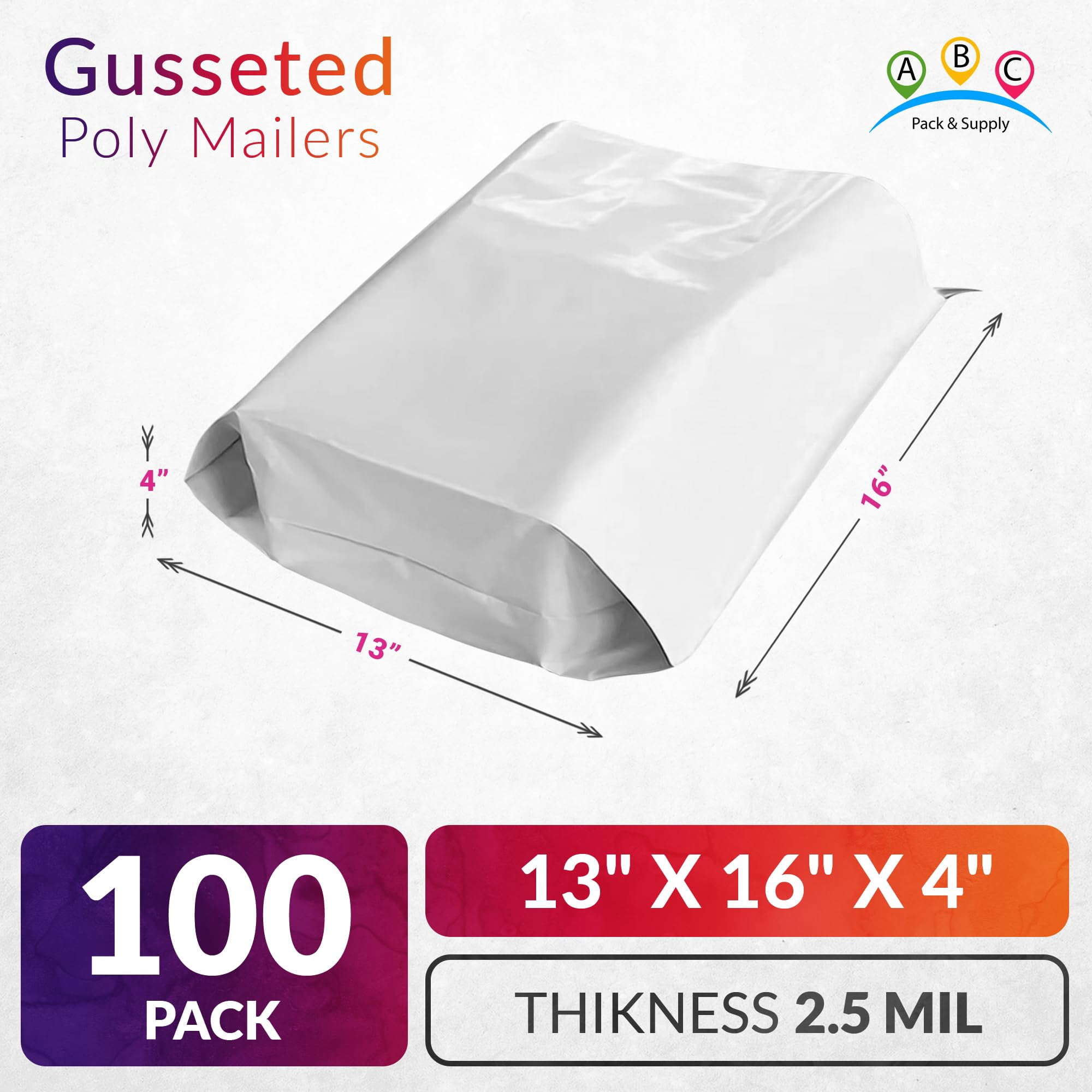 White Gusseted Poly Mailers, Expansion Shipping Envelopes, 100 Count, 13 x 16 x 4 in
