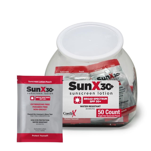 CoreTex Sun X 30+ SPF paquetes de protector solar de amplio espectro – Paquete de pecera de 50 octinoxato de parabeno oxibenzona y protector solar sin aceite – sin yeso blanco y resistente al agua y a
