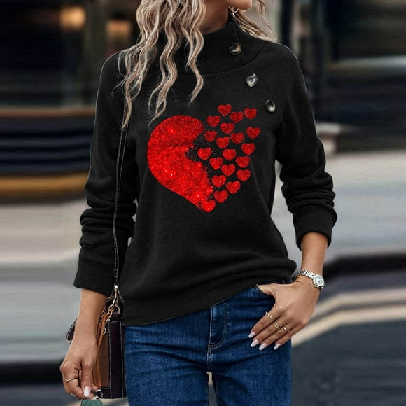 Sentmoon Hoodless Heart Print Button Womens Sweatshirt,Plus Size Trendy Long Sleeve Crew Neck Womens Sweaters Winter Clothes 2024 Black Friday Deals 2024