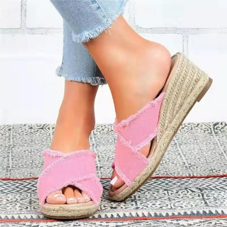 

Pkeoh Slippers Women Summer Shoes Denim Cross Slope Heel Thick Soled Round Head Beach Slippers Womens Shoes