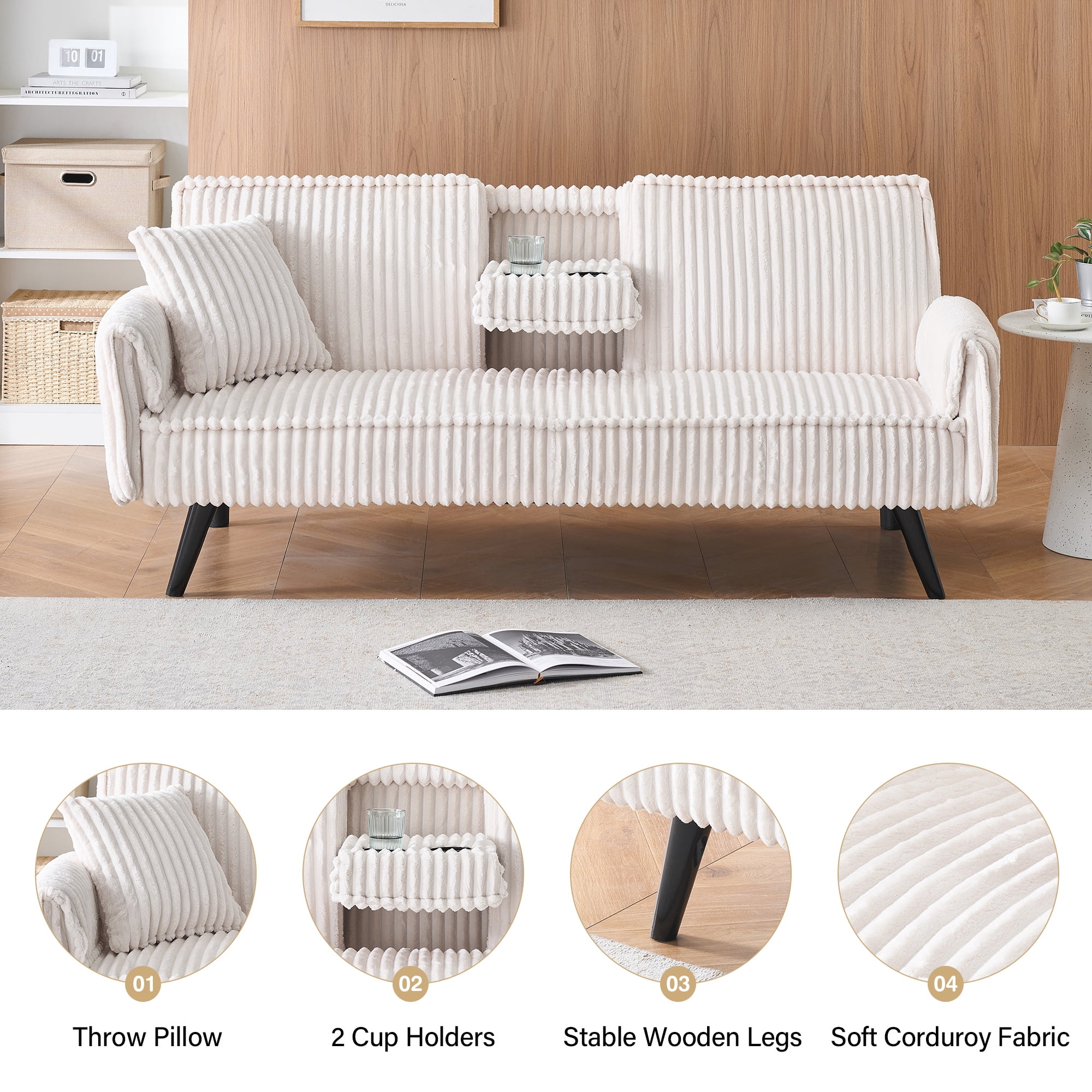 Aukfa Corduroy Futon Convertible Sofa Bed, 2 Cup Holders& Pillow, Straight-line Tufted, Beige