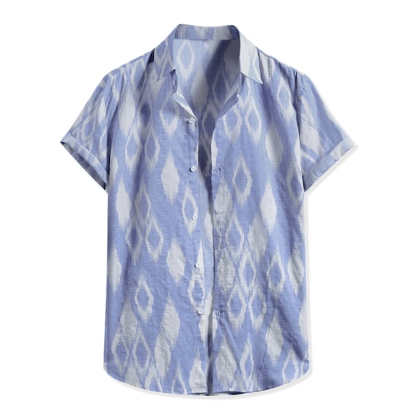 Camisas de playa de verano para hombres Cierre de botones Camisa casual con patrón estampado de ajuste clásico Azul L Unique Bargains Camisa