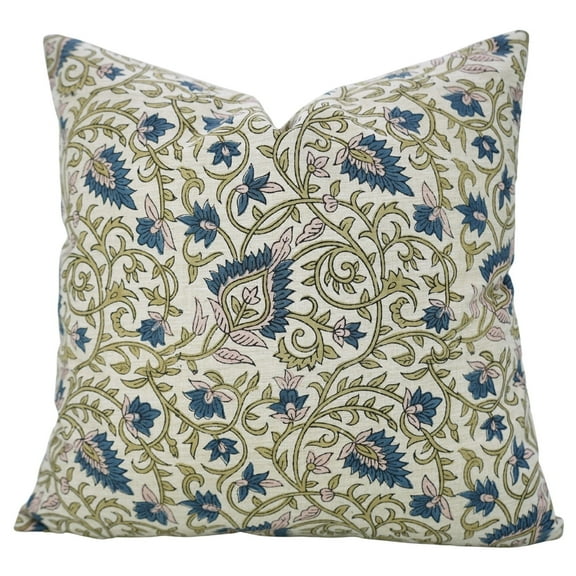 Fabdivine “Hawa Mahal” Dark Blue Block Print Cushion – Handmade Indian Floral Pillow Cover in Linen Blend