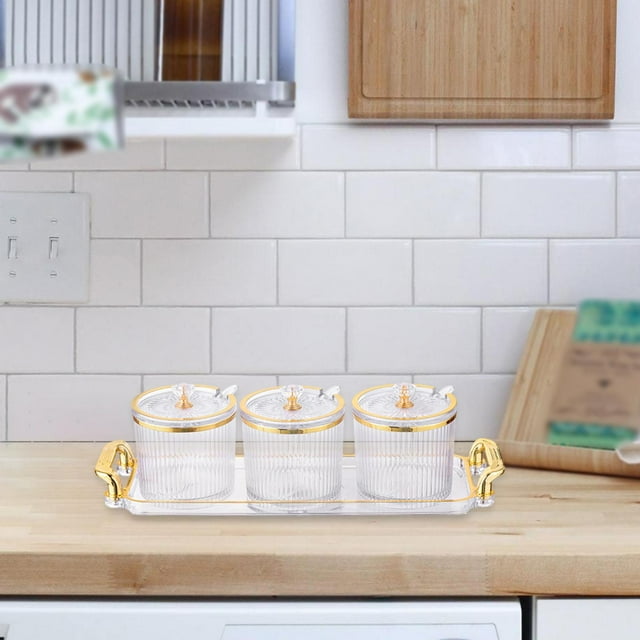 3 Pieces Stylish Simple Condiment Canisters Pots Set with Spoon Lid and Base Clear