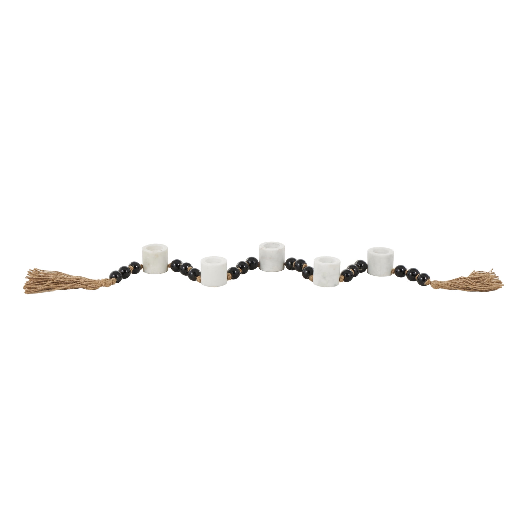 DecMode 5 Candle White Marble Round Garland Candle Holder with Brown Tassel and Black Beads